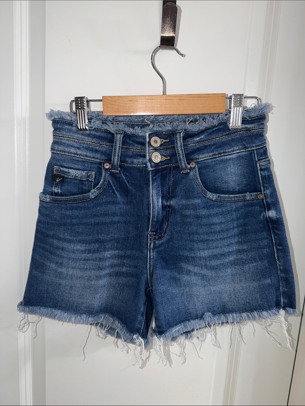 Kancan Brand Medium wash Blue Jean denim shorts with Frayed Hem and waist band